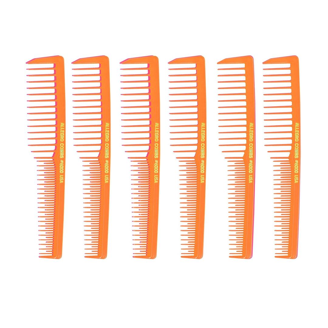 Allegro Combs 6000 Wide Tooth Teasing Lift Vented Hair Combs Space Tooth Barber Stylist Curly Hair Parting Made In The USA 6 Pcs. (Neon Orange)