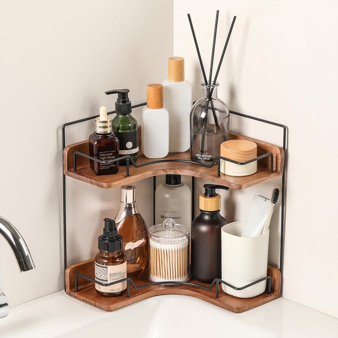 Snuvid 2-Tier Bathroom Counter Organizer, Wooden Corner Shelf for Vanity Countertop Skincare & Makeup, Storage and Organization for Kitchen