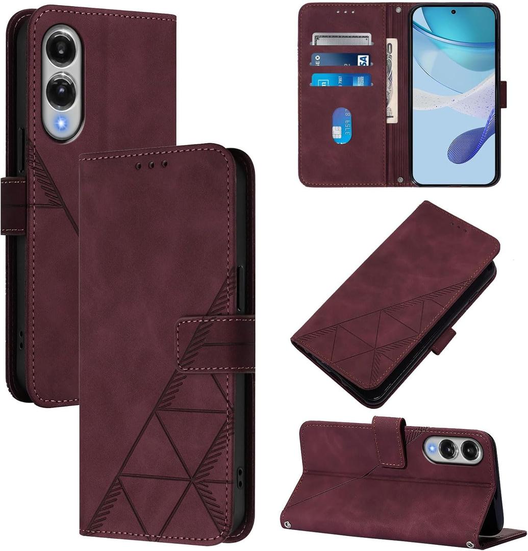 ScandiCasis for Google Pixel 8 Leather Case, Geometric Patterns Wallet Case with 3 Card Slots, Magnetic Closure Kickstand Flip Phone Case Shockproof Cover, Burgundy