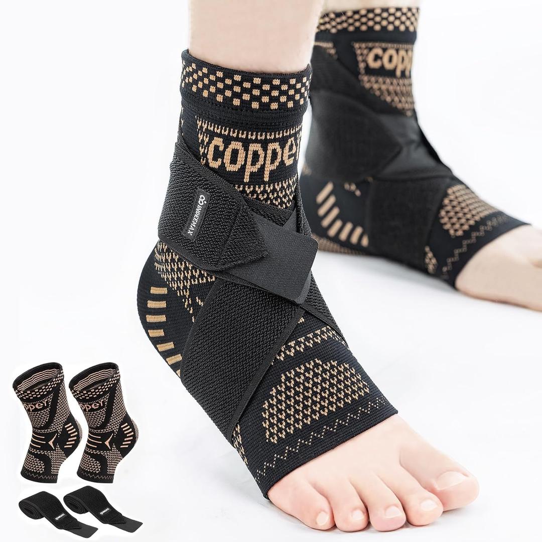 INDEEMAX Ankle Brace for Sprained Ankle Compression Sleeve, 2 Pack Copper Infused Ankle Support Brace for Women & Men, Plantar Fasciitis Relief Achilles Tendonitis, Sports Running, Copper Black, Large