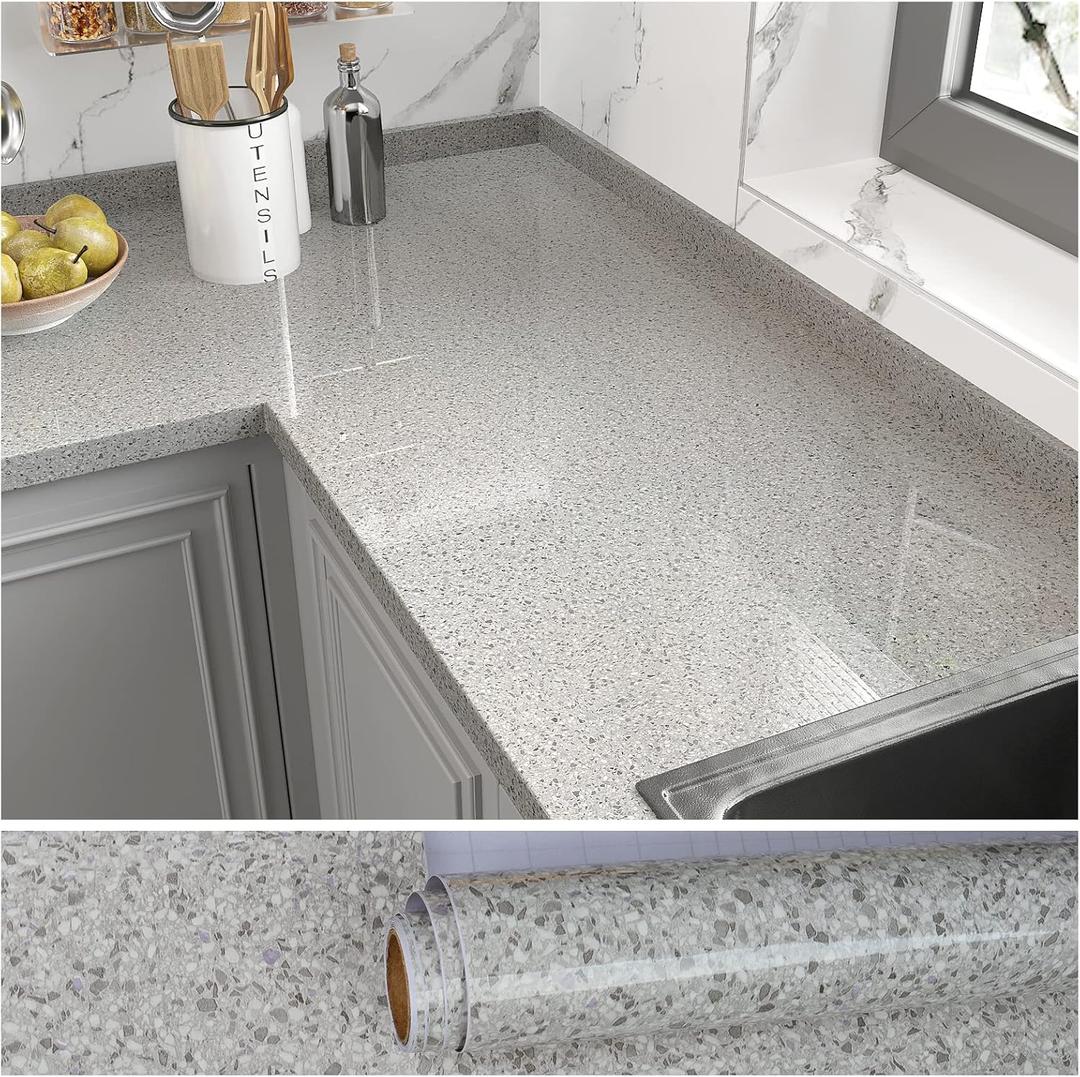 VEELIKE Grey Granite Kitchen Countertop Peel and Stick Waterproof Marble Contact Paper for Countertops 354''x32'' Wide Laminate Countertop Sheets Adhesive Counter Top Covers for Bathroom Powder Room (Gray)