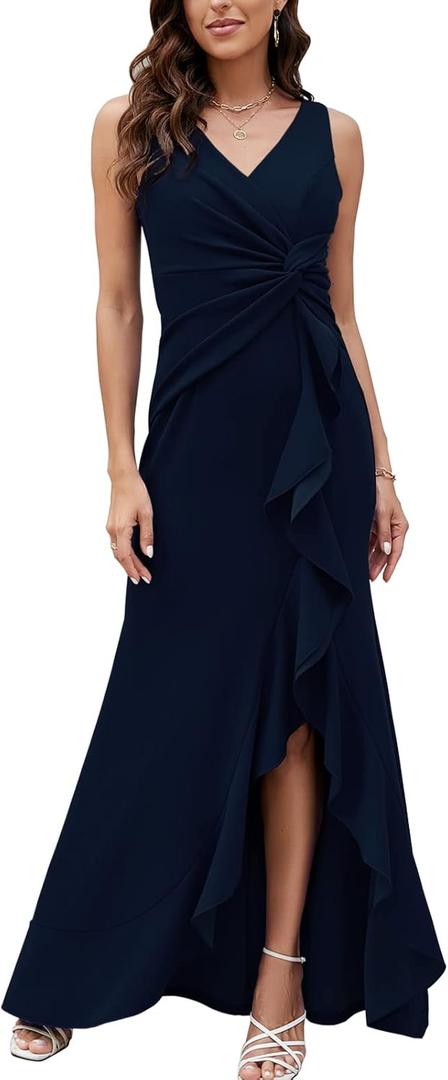 FQA Formal Evening Dresses for Women Elegant Evening Party Prom Dress Long Sexy V Neck Sleeveless Split Wrap (Large, Navy Blue)