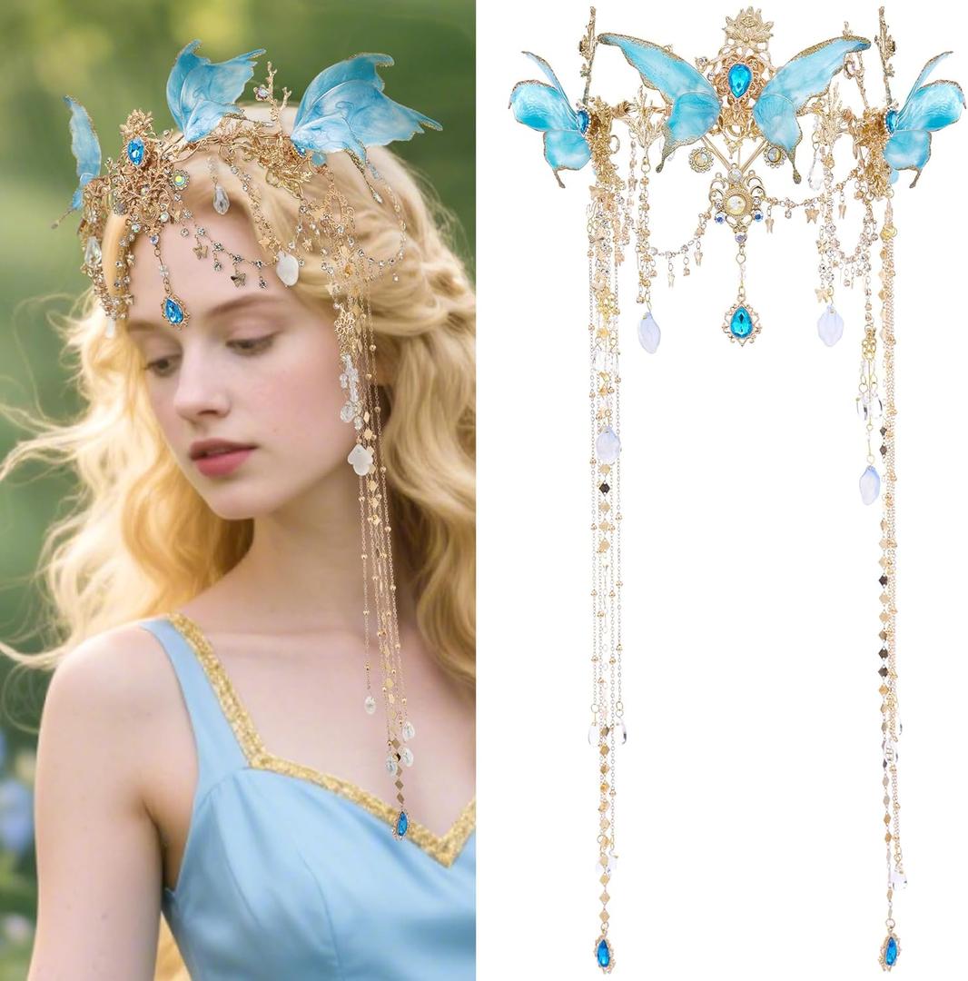 FRESHME Renfaire Fairy Elf Crown - Fairy Headpiece with Butterfly Wings Renaissance Cosplay Halloween Fantasy Accessories (Blue)