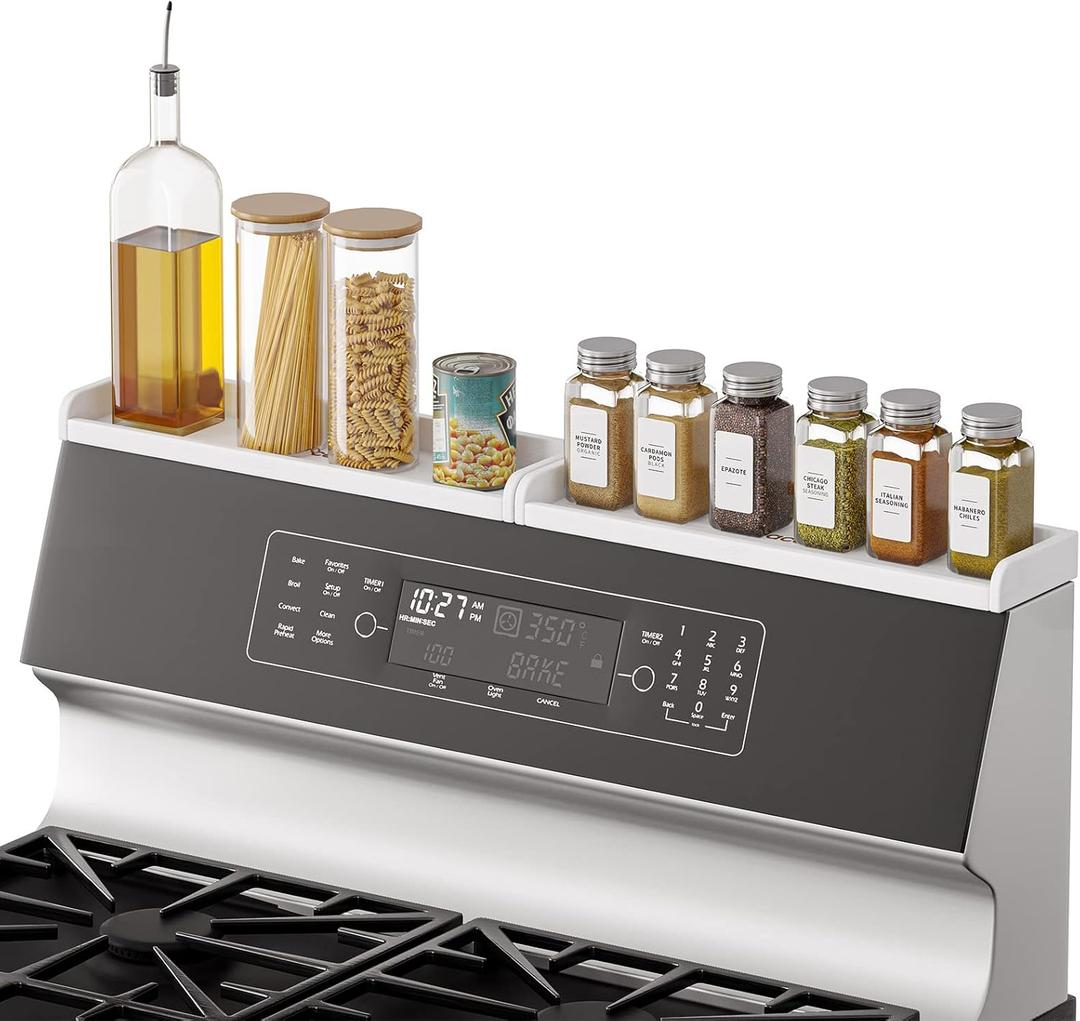 SpaceAid 30" Wide Kitchen Shelf Organizer for Stove, Magnetic Bamboo Spices Shelf for Home Stove Kitchen Storage Organization (Fit for Flat Top Only, White)