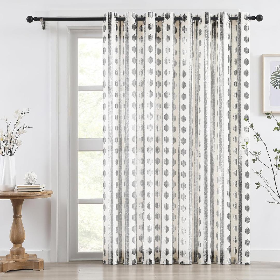 Melodieux Boho Striped Pattern Linen Textured Sheer Curtains for Bedroom, Living Room Light Filtering Grommet Window Curtain Drapes, 100 by 84 Inch, Black on Beige(1 Panel)