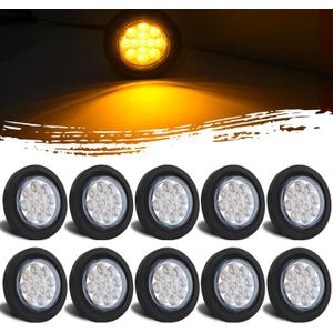 10Pcs 2.5" Inch Round Led Marker Lights Clear Lens 13 Amber LED Reflectors, 2.5 Inch Round LED Truck Trailer Clearance Side Marker Lights w/Light Grommets and Wire Pigtails 12V Waterproof