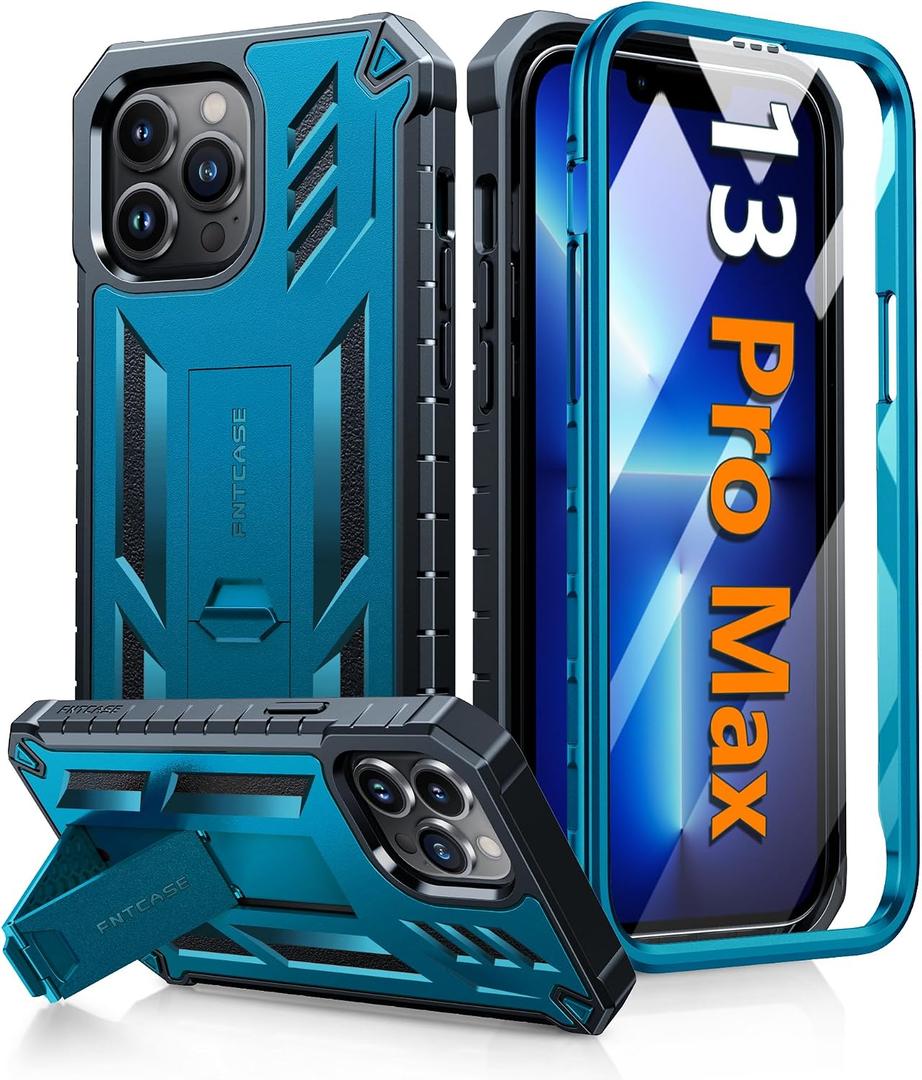 FNTCASE for iPhone 13 Pro Max Case: [Built-in Screen Protector & Kickstand] [Military Grade Drop Protection] Heavy Duty Full Protective Matte Textured Shockproof TPU Rugged Phone Cover - Blue