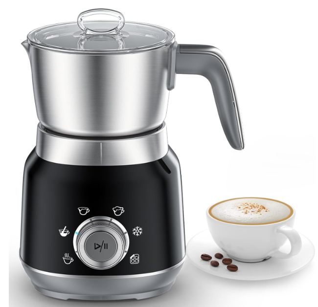 6in1 Electric Milk Frother and Steamer with Detachable Cups, Automatic Cold and Warm Foam Maker for Lattes/Cappuccinos/Hot Chocolate, Dishwasher Safe Black