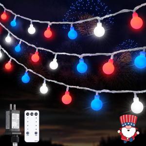 JMEXSUSS Connectable Red White and Blue Lights Indoor Outdoor, 100 LED 33ft 4th of July Decorations Light Plug in, 8 Modes Globe String Lights with Remote for Independence Day Party Patriotic Decor