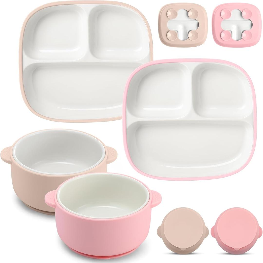 4 Pcs Square Porcelain Kid Plate Bowl Set with Suction, 2 Ceramic Toddler Divided Plate 2 Baby Anti Slip Silicone Sleeve Bowl for Feeding Supply Microwave Dishwasher Safe(Pink, Beige)