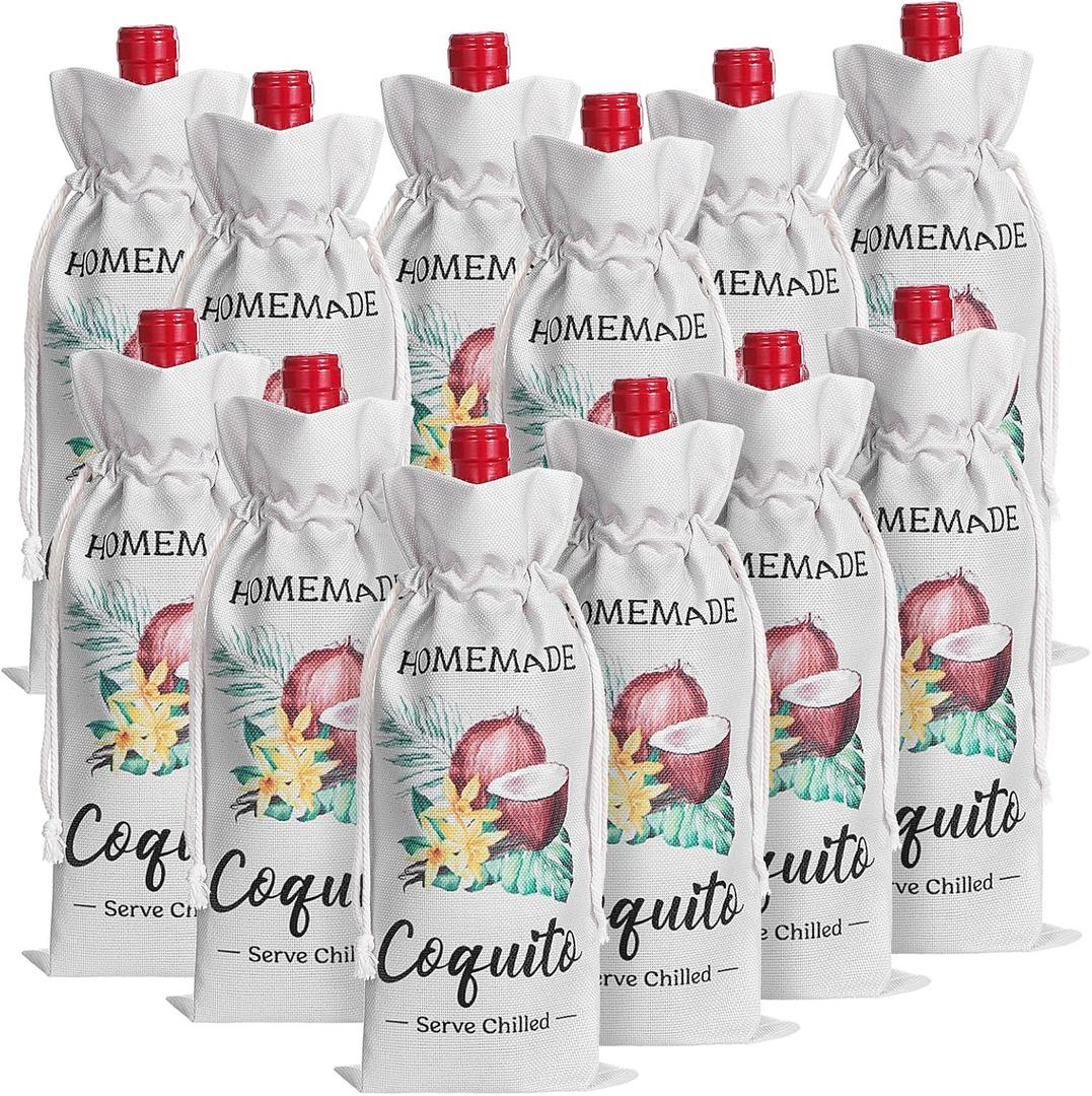 Windyun 12 Pcs Coquito Burlap Wine Bags Christmas Wine Bottle Gift Bags with Drawstring Vanilla Coconut Tree Pattern for Travel Home Storage Weddings Holiday Party