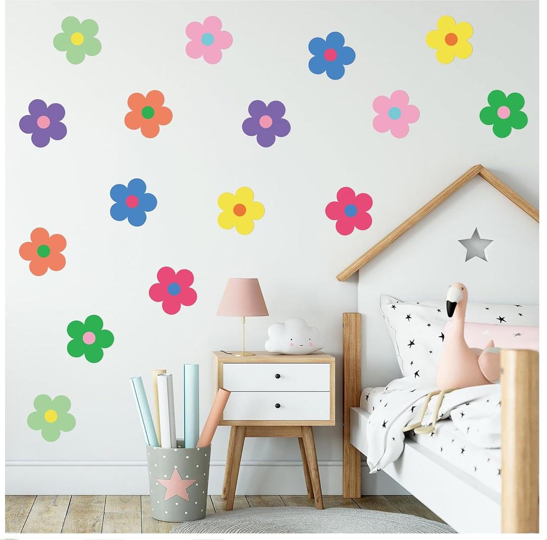 16Pcs Y2K Cute Flowers Wall Decal Kidcore Aesthetic Preppy Hippie Trendy Wall Art Decor Vinyl Peel and Stick Retro Colorful Flowers Stickers for College Teen Girls Dorm Bedroom Room Decoration