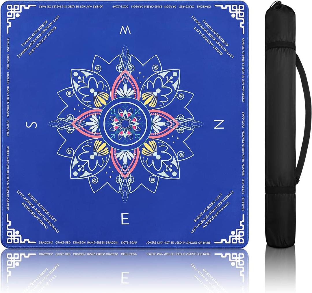 DEVPNR Mahjong Mat for Table with Rules, 32.6"x32.6" Non-Slip Mahjong Table Cover, Noise-Reducing Table Cloth for American Mahjong, Poker, Card & Board Games, Portable with Travel Bag (Blue)