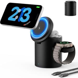 Foldable 3in1 Magnetic Wireless Charger,15W Silent Travel Ready, for iPhone17-12, Fast Charging Station for Apple Watch AirPods, Portable MagSafe Charger with Stand Mode for Travel & Desk