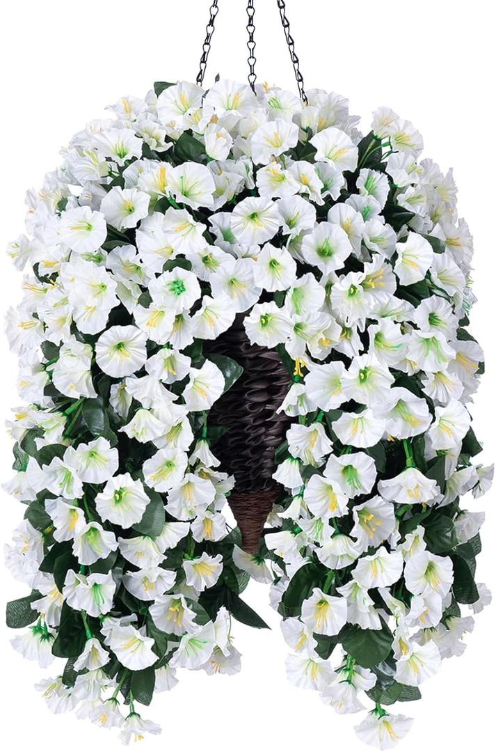 HyeFlora Artificial Faux Hanging White Flowers Plants Basket for Outdoor Outside Christmas Winter Decor, Fake UV Resistant Realistic Morning Glory Flowers for Porch Home Balcony Yard Patio Decoration