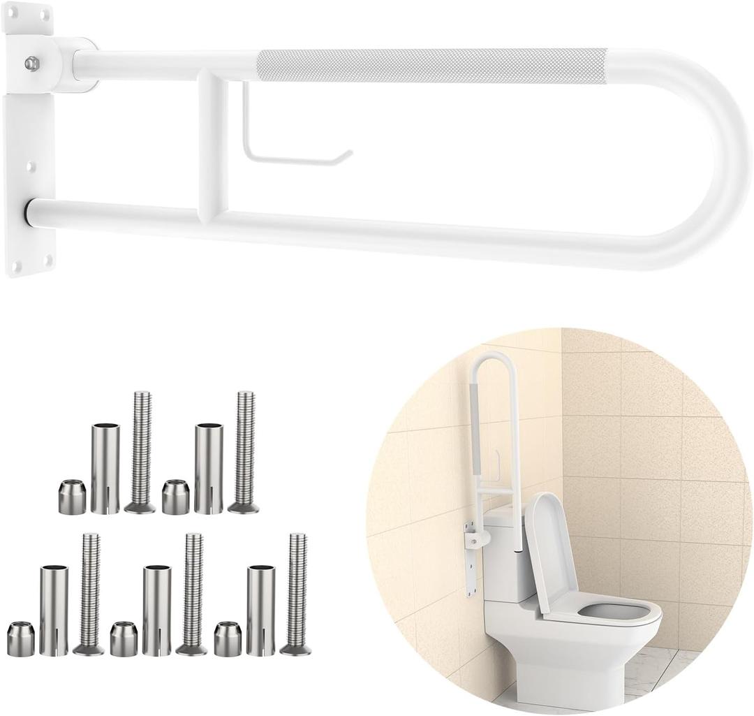 Toilet Grab Bar 30.3 Inch, YuanDe White Anti-Slip Support Rail, U Shaped Flip-Up Grab Bar with Paper Holder, Stainless Steel Knurled Handicap Safety Handrails for Disabled Elderly Pregnant