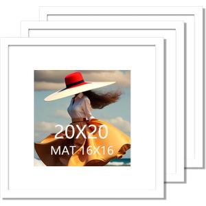 20x20 Picture Frame 3 Pack White Solid Wood for Mat 16x16 Wall Mounting Square Poster Frames