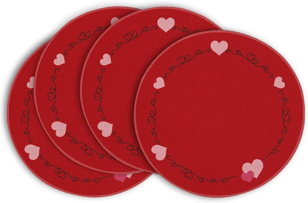Artoid Mode Vintage Heart Valentine Round Placemats Set of 4, 14 Inch Seasonal Holiday Round Table Mats for Party Kitchen Dining Decoration (Red)