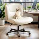 Marsail Criss Cross Chair with Wheels, Wide Mid-Back Comfy Armless Office Chair, Scratch-Resistant PVC Leather Cross Legged Desk Chair, Height Adjustable Vanity Computer Desk for Home Office (Light Grey)