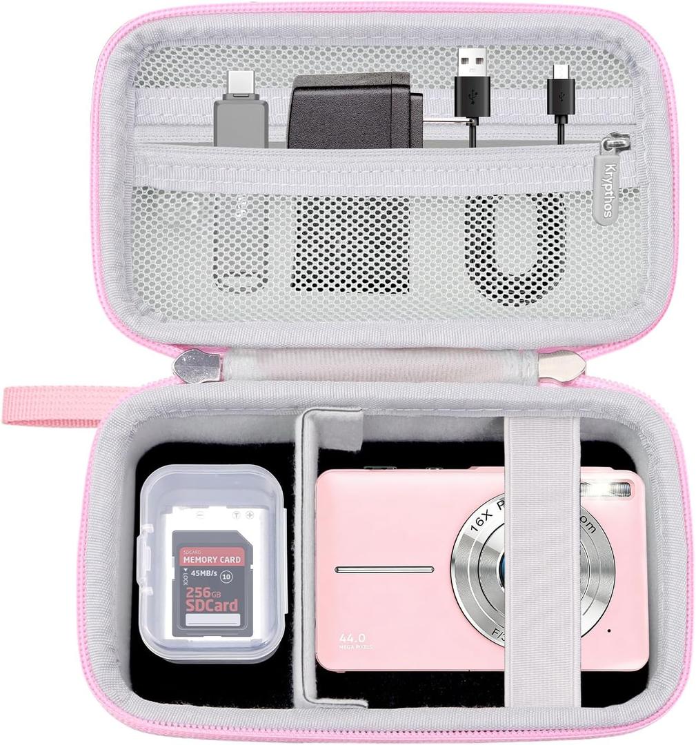 Krypthos Digital Camera Case Compatible with Kodak Pixpro FZ55/ FZ45, Canon G7 X, CAMKORY and More, Small Protective Camera Case for Travel and Home Storage with SD Card Case (Pink)