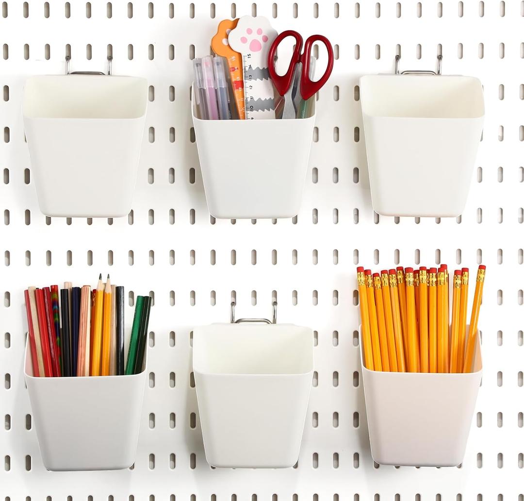 LemonRoad 6 Pcs Pegboard Cups with Hooks Plastic Peg board Organizer Pegboard for Garage Craft Storage Kitchen Room