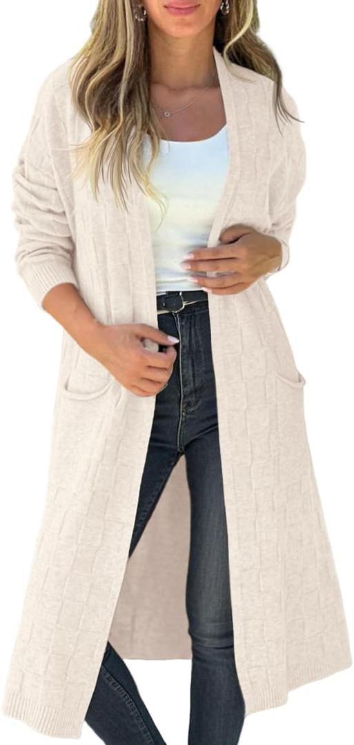 Saodimallsu Womens Long Cardigan Sweaters 2025 Oversized Open Front Checkerked Sweater Trendy Knit Jacket with Pockets (L)