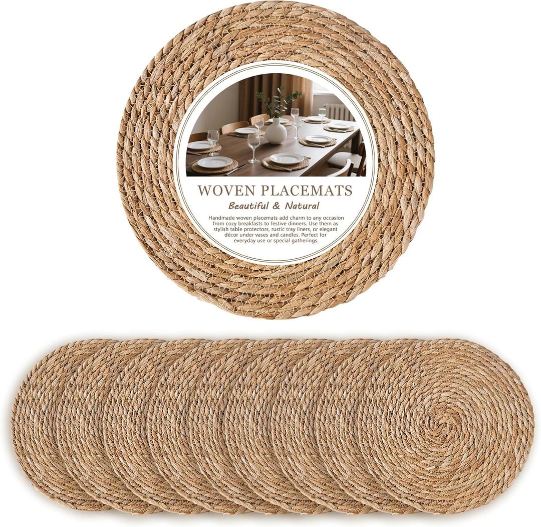 13.5 in Round Woven Placemats Set of 10, Natural Rattan Placemats Boho Chargers for Dinner Plates, Farmhouse Rustic Place Mats Wicker Table Mats Braided Chargers for Dining Table Decor