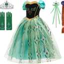Snow Queen Princess Costume Birthday Party Dress Up for Little Girls with Wig,Crown,Wand,Gloves 3-10 Years (7-8 Years, Green-a60)