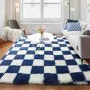 KICMOR Rugs for Living Room, Soft Fluffy Checkered Shag 5x8 Area Rug Large Big Fuzzy Shaggy Bedroom Plush Carpet, Navy Blue and Cream White Rug for Kids Boys Girls Dorm Nursery Home Decor Aesthetic