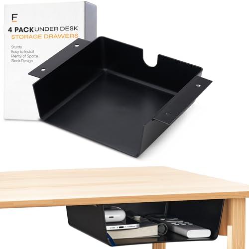 OrgaFocus 2 Pack Under Desk Hanging Shelf Drawer Organizer, Attachable Plastic Hidden Storage Tray, Easy Adhesive Mount Holder for Standing Tables, Office, Counters, Cabinets, Workstations - Black