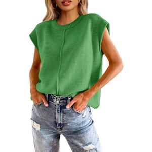 Saodimallsu Womens Summer Cap Sleeve Tops Casual Crew Neck Loose Fit Knit Lightweight Sweater Pullover Top (Green, L)