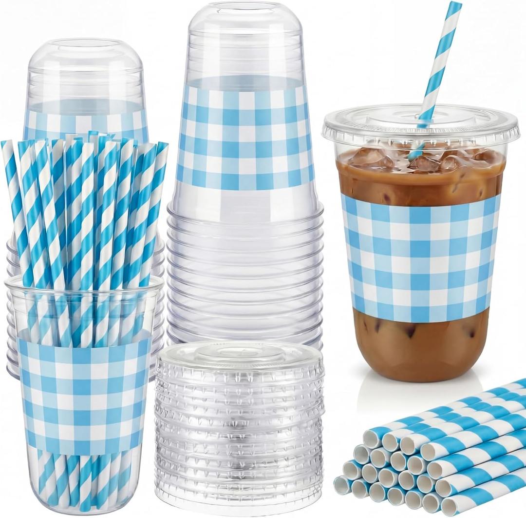 50 Set 16 oz Blue U-gingham Gingham Cups Plastic Party Checkered Cups Blue Plaid Drinking Cup Disposable Gingham Cup with Lids and Paper Straws for Baby Shower Check Wedding Birthday Party