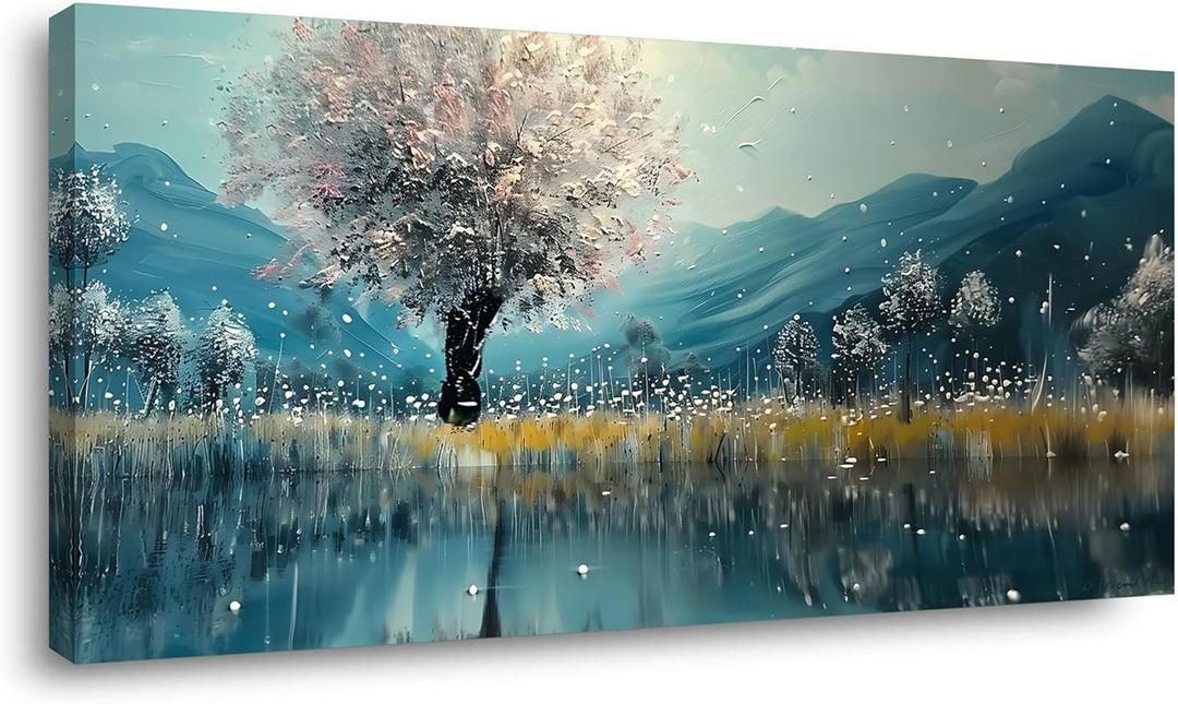 TEKMENT Pink Tree Wall art Mountain and Lake Boat Picture Nature Landscape Artwork Decor for Painting Framed Large Size for Living Room Bedroom Dinning Room Home Office Wall Decor Bedroom ( 20x40 Inches ) (40L" x 20W", Pink Tree By Lakeside Wall Art (S004))