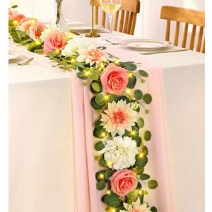 Yastouay 2 Pcs Flower Garland with Lights, 12 Ft Pink Rose Floral Garland Fake Flowers for Wedding Arch Party Tables Backdrop Decor
