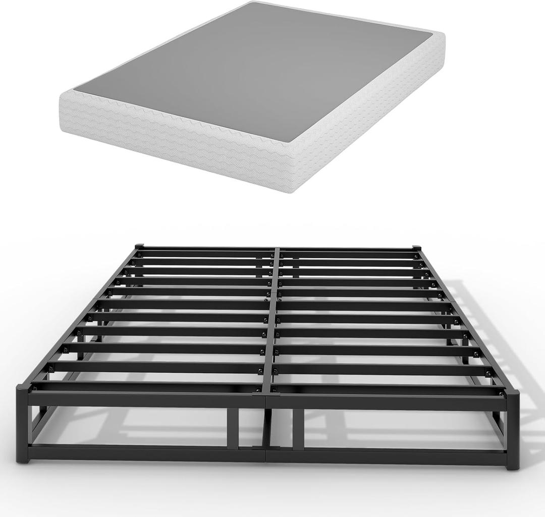 Box Spring Low Profile Bed Base Matel Mattress Foundation with Cotton Washable Cover Quiet Easy Assembly Sturdy Support for All Bed Types (Black, Queen)