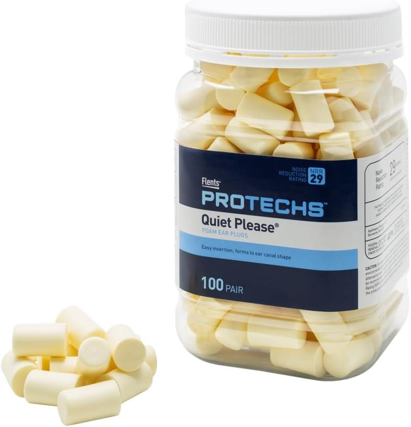 Flents Protechs Foam Ear Plugs, 100 Pair, Ideal for Sleeping, Snoring, Shooting, Working, Loud Noise, Traveling, Concerts, Construction & Studying, Disposable, Noise Reduction, NRR 29, 'New Formula'