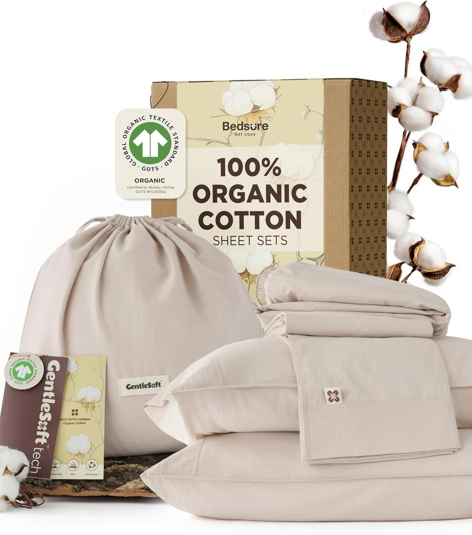 Bedsure 100% GOTS Organic Cotton Sheets, Fair Trade Certified Queen Bedding Set, Eco-Friendly, Soft, 17 inches Deep Pocket Queen Sheet, Sateen Weave Cotton Luxurious Hotel Bed Set, Linen