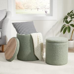 Royal Windsor Boucle Round Ottoman with Storage Set of 2,Small Foot Stool Ottoman for Living Room,Small Coffee Table, Vanity Stool with Storage for Bedroom, Green, 14.8"D x 14.8"W x 17.3"H