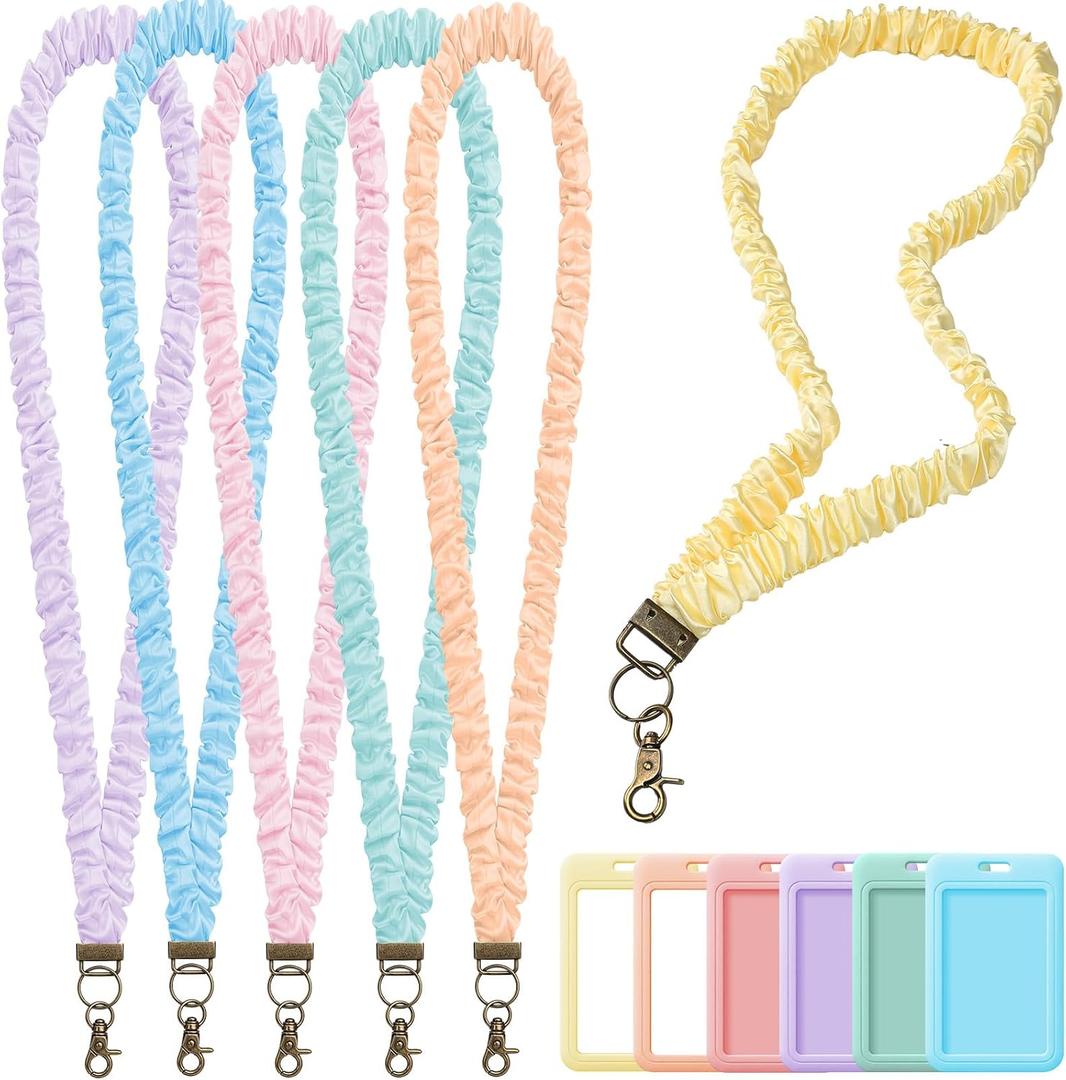Gueevin Teacher Scrunchie Lanyard with ID Badge Holder Back to School Gift Stretchy Elastic Lanyard with Lobster Clasp