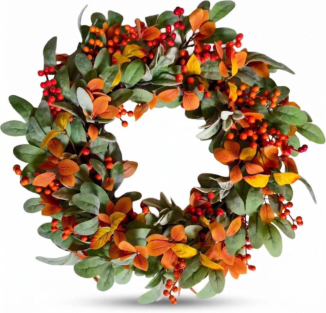 24 Inch Artificial Fall Wreath for Front Door, Autumn Wreath with Yellow Leaves, Grey Lamb's Ear & Orange Berries, Farmhouse Fall Decor for Harvest Thanksgiving Home Window Wall Decoration
