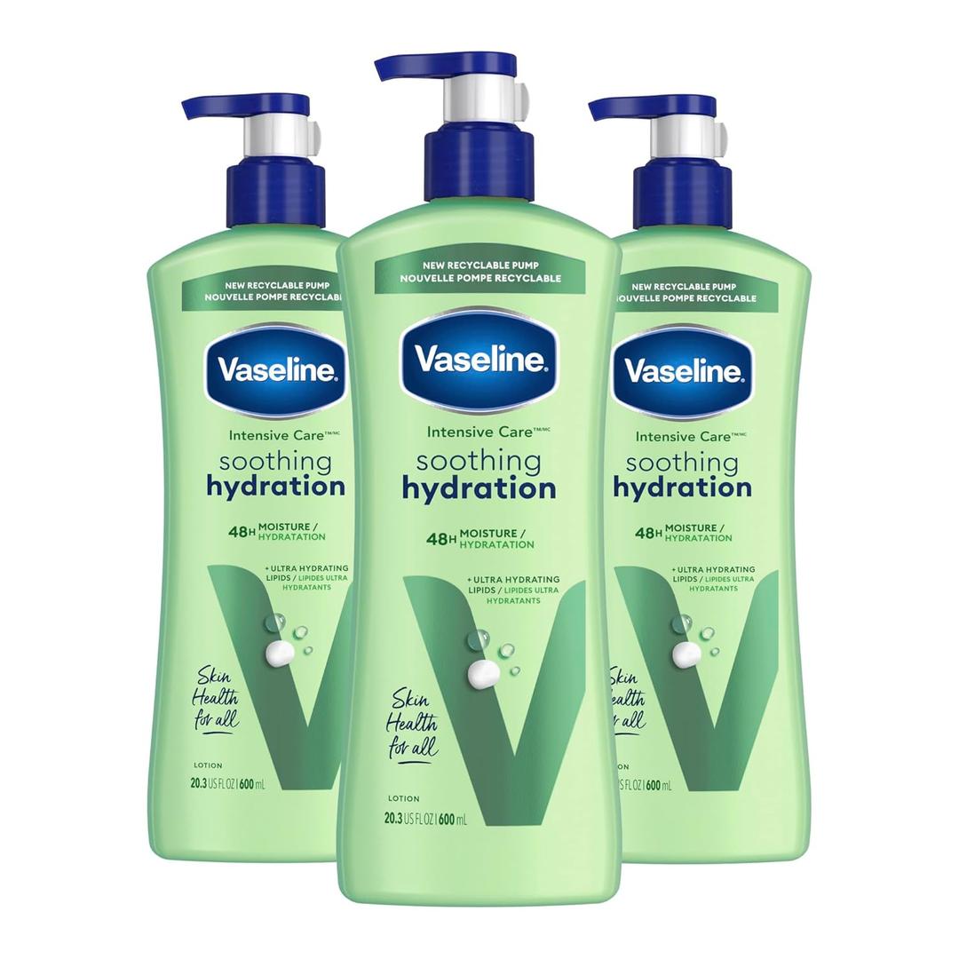 Vaseline Intensive Care Body Lotion for Dry Skin Soothing Hydration Lotion Made with Ultra-Hydrating Lipids + 1% Aloe Vera Extract to Refresh Dehydrated Skin 20.3 oz, Pack of 3, June 2030