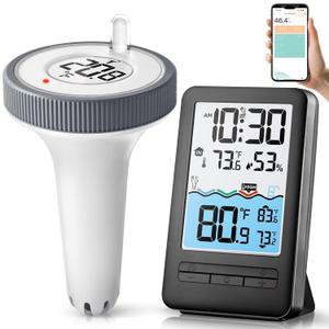 Wireless WiFi Pool Thermometer with Easy-to-Read 4" Digital LCD Display, Perfect Water Thermometer for Indoor & Outdoor Swimming Pool, Hot Tub, Spa, Aquarium, Ponds, and Baths, 1 Sensor