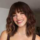 Brown Mix Blonde Bob Wig For Women Heat Resistant Synthetic Shoulder Length Loose Wavy Wig With Bangs Curly Bob Wigs Medium Length 14inch (Brown Mix Blonde Color)