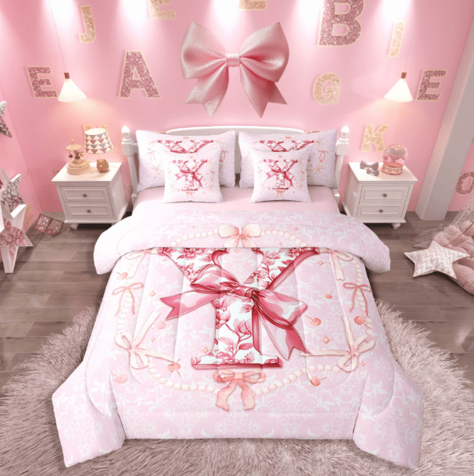 Castle Fairy Floral Initial 3-Piece Full Bedding Sets,Dreamy Princess Bedding Comforter Set,Bow Flower Breathable Sheet Sets,Breathable Girls Bedroom Decoration