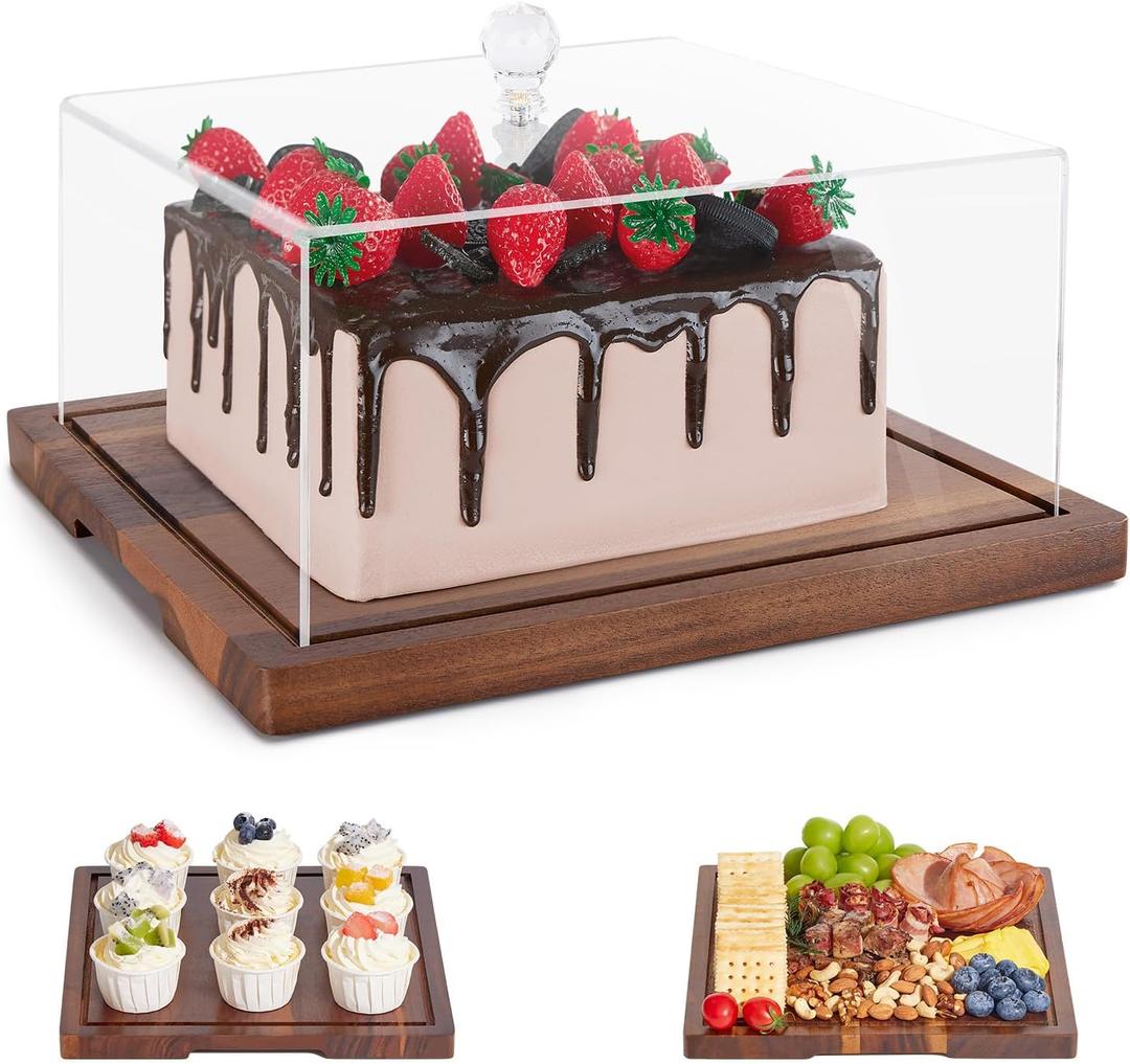 Acacia Wood Cake Stand with Lid-Cake Holder with Dome, 2-in-1 Dessert Table Display Set & Charcuterie Board with Lid, Square Cake Stand for Party, Fruit Tray, Cheese, Veggie, Large Cake Dome Cover