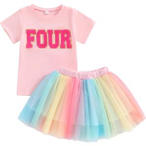 FIOMVA Toddler Girl Birthday Outfit Two Three Four Five Six Birthday Shirt+Tutu Tulle Skirt Little Girl Birthday Clothes (4-5 Years, Number Four Pink)