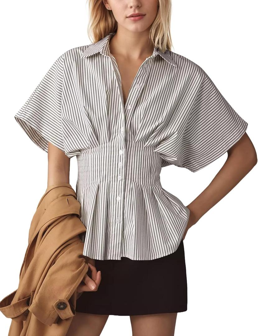 Dsewpaur Women Striped Button Pleated Shirts Short Sleeve Summer Casual Peplum Blouse White, 