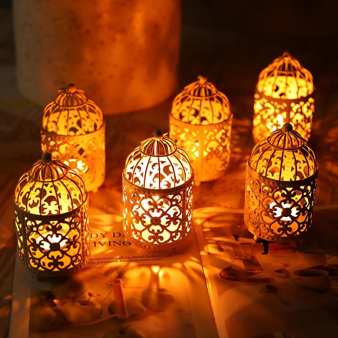 JHY DESIGN 6 Pcs Wedding Centerpieces 5.5 inch Height Small Metal Candle Stick Holder Hanging Birdcage Tealight Lantern Hollow Candle Holders for Table Valentine Patio Indoor Outdoor (Cream White)