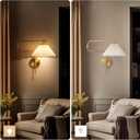 Gold Swing Arm Wall Sconce Set of 2,Plug in Wall Sconces with White Pleated Fabric Shade,Hardwired Wall Light Fixtures with Dimmable Switch for Bedroom Bedside, Living Room, House Reading