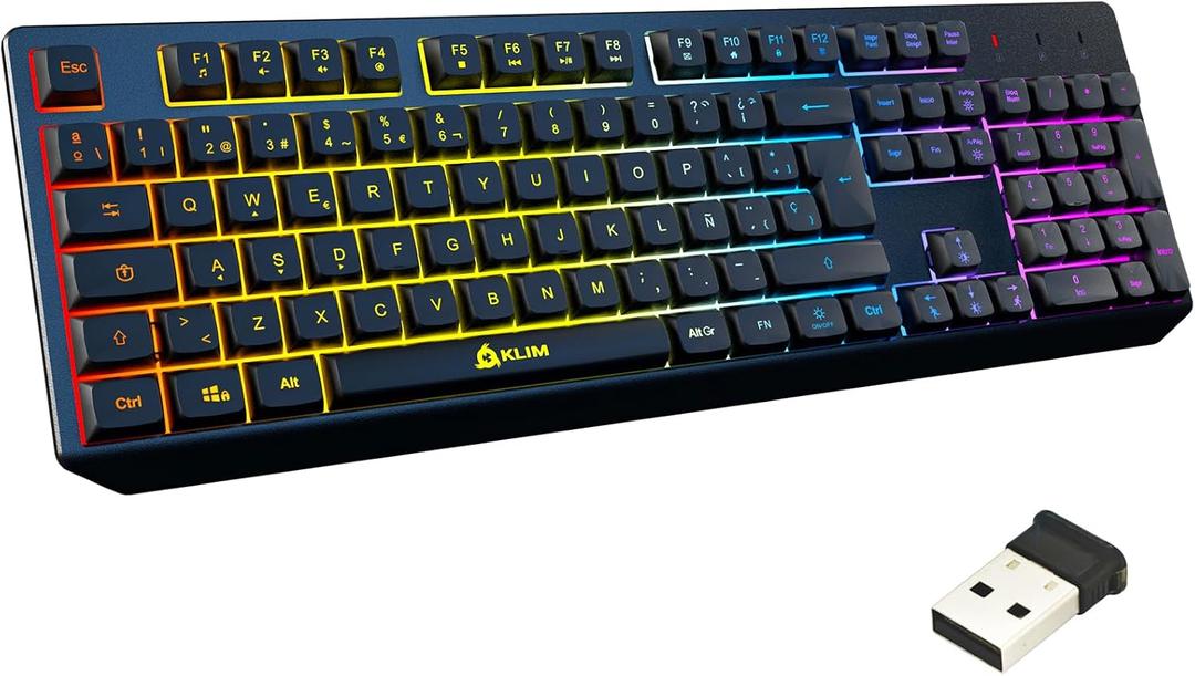 KLIM Chroma Wireless Spanish (Espaa) Keyboard, RGB Backlit Wireless Keyboard, Rechargeable Battery, Quiet, Water-Resistant, Plug & Play for PC, Mac, PS4/PS5, Black